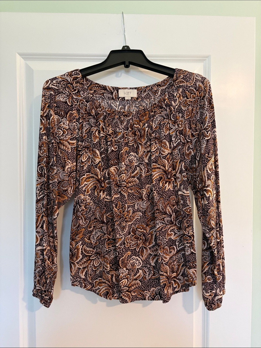 LOFT Purple, Gold and Cream Floral Long-Sleeve Blouse